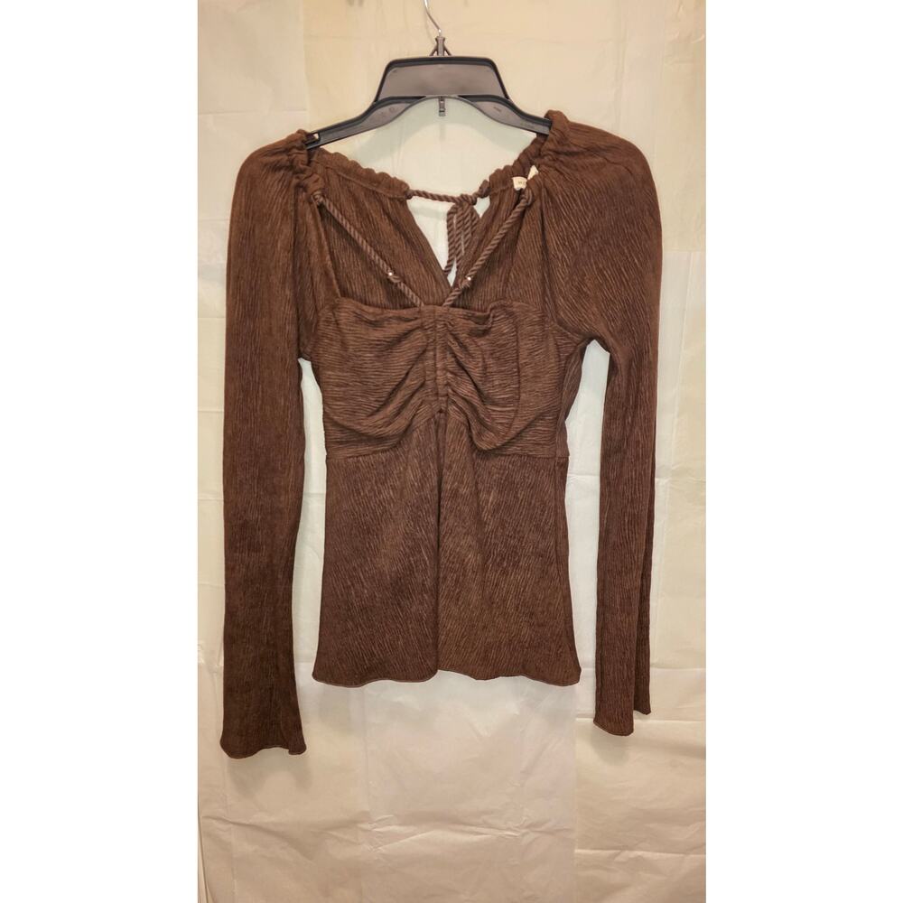 NwT Moon River Chocolate Ruche Long Sleeve Boho Peplum Textured Top XS - Picture 2 of 12